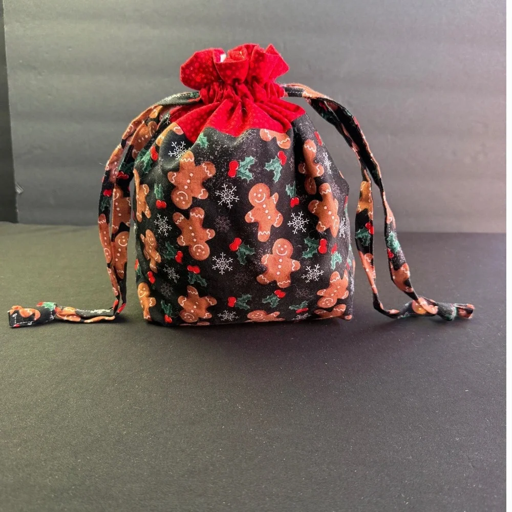Handmade Gingerbread Man Christmas Drawstring Gift Bag Reusable Cotton Sack Fun